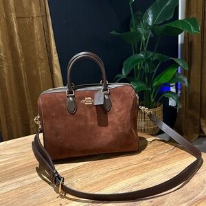 Coach Rowan Large Satchel bag in Gold and Vintage Brown Suede